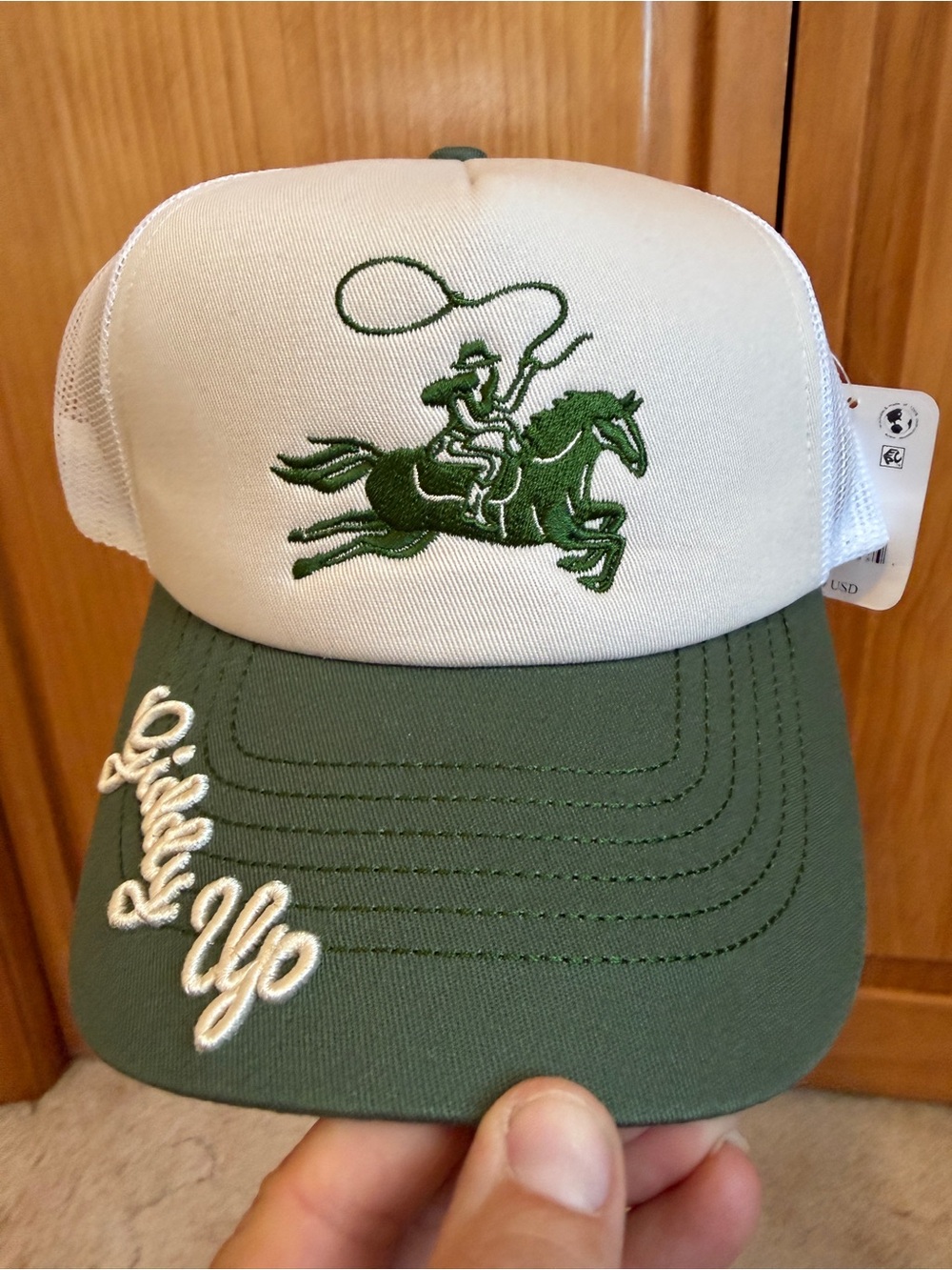 Free People White and Green Trucker Hat with Rodeo Rider Embroidery NWT